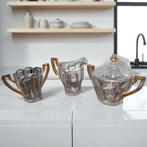 3 Piece Antique U.S. Glass Clear Gold Gilt #15145 Colonis EAPG
